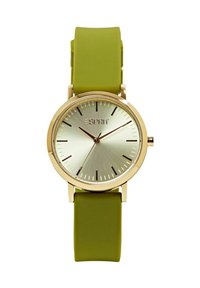 Orologio in tonalità oro con quadrante rotondo, cinturino in silicone verde e quadrante argento con indicatori delle ore minimalisti e logo del marchio.