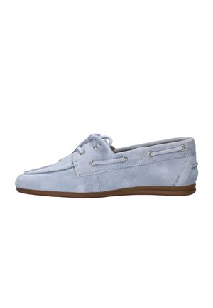 Light blue suede loafer with lace-up detail, silver eyelets, and brown rubber sole, shown in side profile on white background.