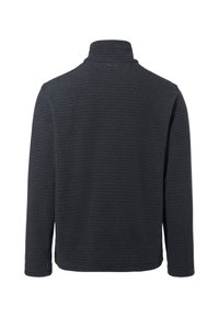 Donkergrijze pullover met een gestructureerd wafelbreipatroon, hoge kraag en lange mouwen. Heeft een stijlvol ontwerp zonder zichtbare hardware.