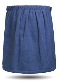 Blauer Frotteerock mit einem elastischen Bund; weist eine strukturierte Oberfläche und ein fließendes, gerafftes Design auf.