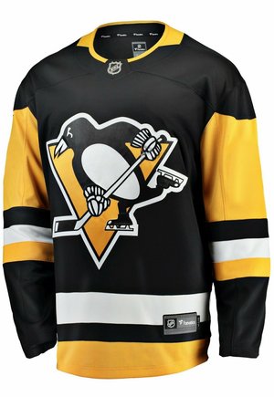 Black hockey jersey with yellow sleeves, featuring a white and yellow penguin logo and stripes. Made from breathable fabric, sports cut design.