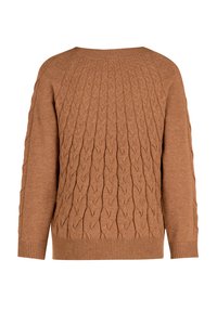 Brauner Kabelstrickpullover mit einem strukturierten Design, gerippten Bündchen und Saum sowie einem lockeren Schnitt. Der Rücken wird deutlich präsentiert.