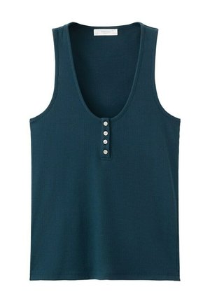 Ärmelloses, geripptes Tanktop in dunklem Türkis mit Rundhalsausschnitt und vier kleinen weißen Knöpfen auf der vorderen Blende.