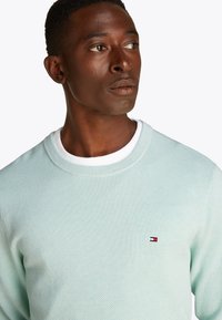 Lys mintgrønn strikkegenser med teksturert mønster og rund hals. Har en liten brodert logo på venstre brystområde.