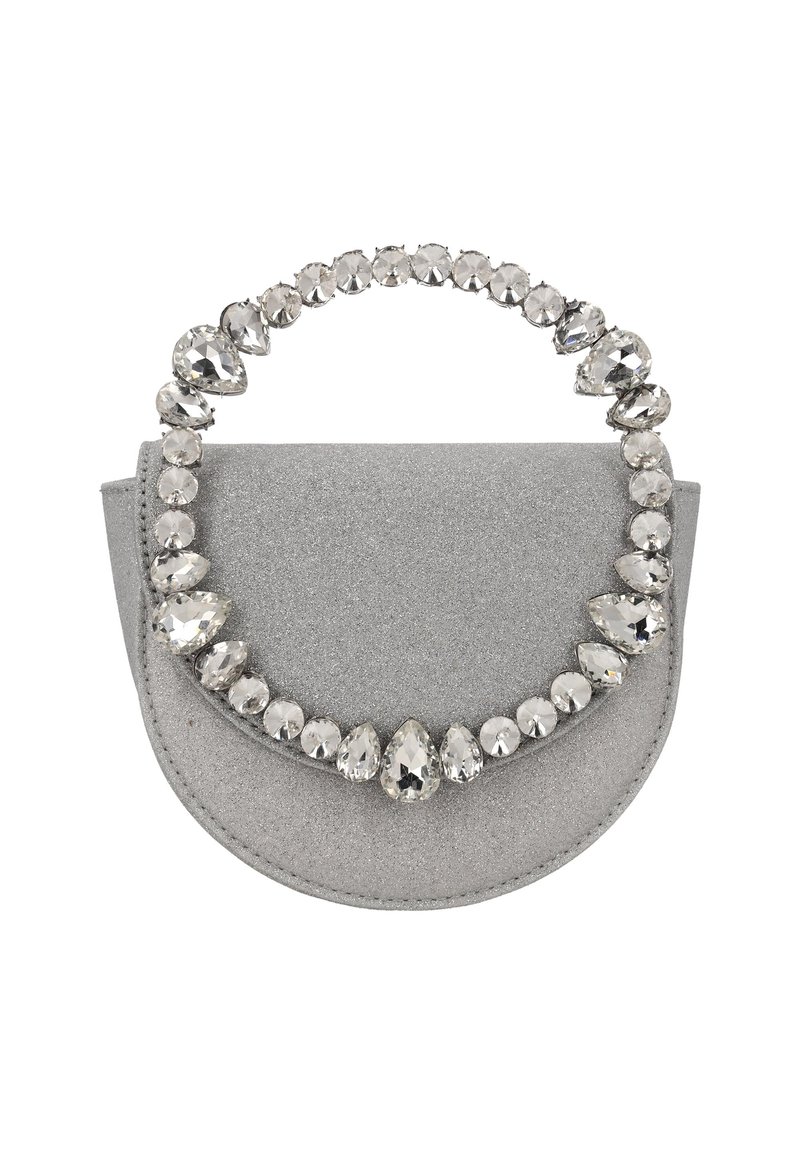 Sac à main gris pailleté de forme arrondie, orné d'une poignée en cristal scintillante avec un mélange de pierres rondes et en forme de goutte.