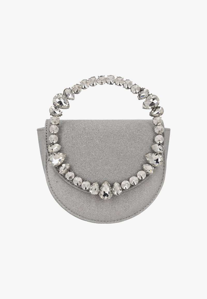 Sac à main gris pailleté de forme arrondie, orné d'une poignée en cristal scintillante avec un mélange de pierres rondes et en forme de goutte.