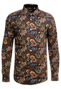 Pitkähihainen nappipaita, jossa on musta tausta ja värikäs paisley-kuvio punaisella, vihreällä ja sinisellä sekä valkoiset napit.