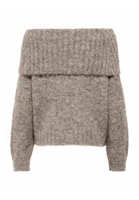 Pull court décontracté à épaules dénudées en tricot beige doux et texturé, avec un col en côte et des manches longues légèrement bouffantes.
