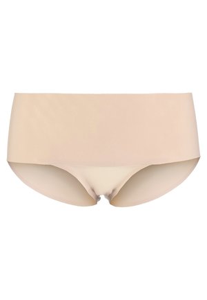 Beige seamless hipster briefs made of smooth fabric, featuring a high waist design and no visible stitching for a minimalistic look.