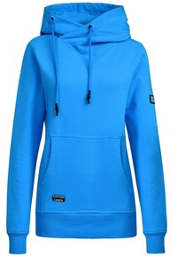 Felpa con cappuccio blu con una grande tasca frontale, cappuccio con coulisse, polsini a coste e un'etichetta "COTTON CANDY" sulla parte anteriore inferiore. Tessuto dalla texture morbida.