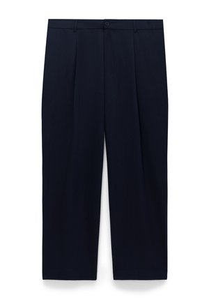 Pantaloni plissettati blu navy con chiusura a bottone, gambe dritte e tasche laterali. Tessuto liscio con finitura lucida.