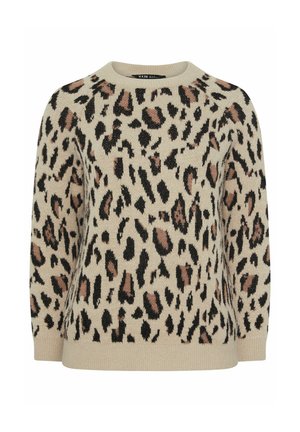 Brede gebreide trui in beige met een luipaardprintpatroon met zwarte en bruine vlekken. Ronde halslijn en ribbels bij de mouwen en de onderkant.