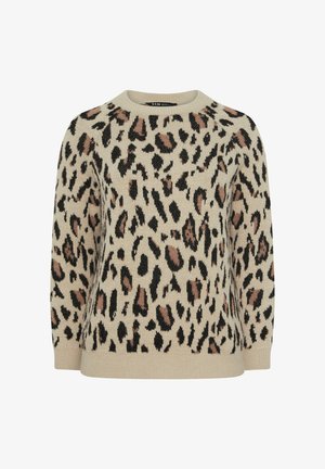 Neulepullover beige, jossa on leopardikuosi mustilla ja ruskeilla läiskillä. Pyöreä pääntie ja ribbaatut hihansuut sekä helma.