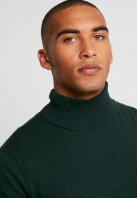 Pulover cu guler înalt de culoare verde închis, realizat dintr-un material tricotat neted, având o siluetă ajustată, fără modele vizibile.