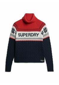 Gruby sweter pleciony w kolorze granatowym z czerwonymi i białymi akcentami. Posiada wysoki golf, wzór w śnieżynki oraz logo "SUPERDRY".