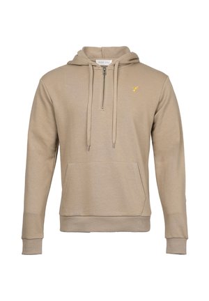 Beige hooded sweatshirt in soft fabric, featuring a half zipper, front kangaroo pocket, ribbed cuffs and hem, with a small yellow logo detail.