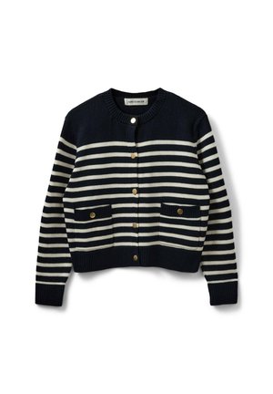 Marineblå og hvid stribet cardigan lavet af strikstof, der har rund hals, guldknap lukninger og to frontlommer.