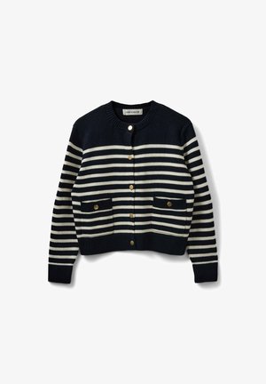 Marineblå og hvid stribet cardigan lavet af strikstof, der har rund hals, guldknap lukninger og to frontlommer.