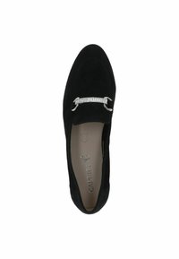 Must värvilised sametist loafers, millel on lame talla, hõbedane aksessuaar ja ristküliku kujuline strassidetail esiosas. Pehme tekstuuriga sisemus.
