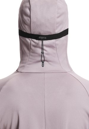 Light purple hooded jacket with a textured finish, featuring a black drawcord at the collar and seam detailing on the back.