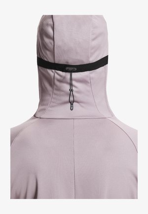 Light purple hooded jacket with a textured finish, featuring a black drawcord at the collar and seam detailing on the back.