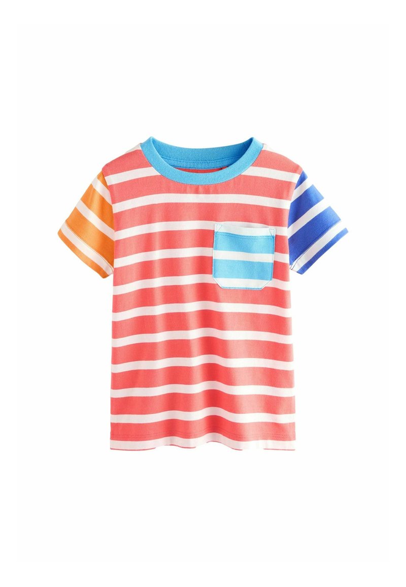 T-shirt à manches courtes rayé en corail, orange et bleu. Présente une poche poitrine bleu clair et un design à col rond. Matériau en coton.