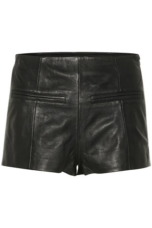 Sorte skinnshorts med en glatt tekstur, med to baklommer og en tettsittende design. Kort lengde, minimale sømdetaljer.