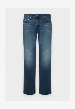 Blugi din denim albastru cu croială dreptă a pantalonului, nasture frontal și fermoar, și cinci buzunare, prezentate pe un fundal simplu.