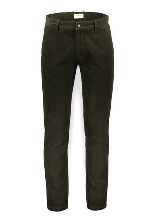 Tummanvihreät samettimekko-housut, joissa on kapea malli, nappikiinnitys ja etutaskut. Pehmeä rakenne näkyvillä joustoilla.