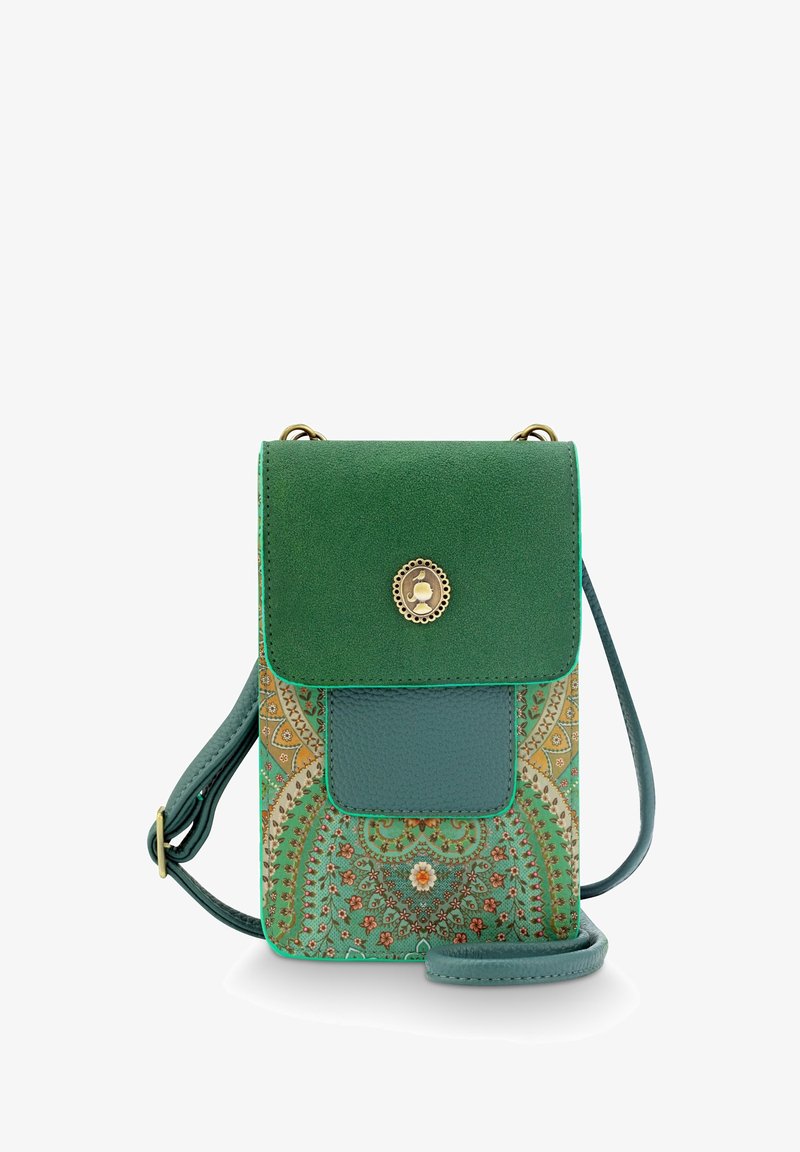 Kleine Umhängetasche mit grünem Wildlederdeckel, teal-farbenem Leder-Vortasche und kunstvollem floralen Paisleymuster in grünen und gelben Tönen.