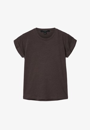 T-shirt en coton court à manches courtes de couleur marron foncé avec encolure ronde et manches repliées, posé à plat sur un fond blanc.