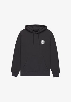 Huppari mustana, jossa on etutasku, nyöripunottava huppu ja valkoinen pyöreä logo vasemmassa rinnassa. Puuvillasekoite.