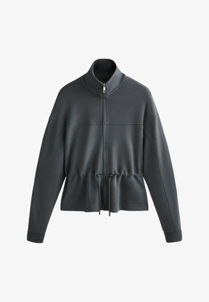 Ciemnoszara kurtka zapinana na zamek z wysokim kołnierzem, ściągaczem w talii i prążkowanymi mankietami. Gładki materiał o minimalistycznym wzorze bez widocznych wzorów.