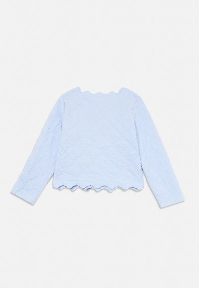 Top texturat bleu deschis cu mâneci lungi, cu decolteu și tiv ondulat, așezat plat pe un fundal alb.