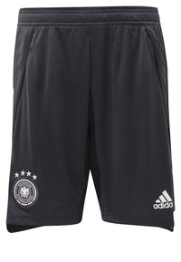 Czarne sportowe szorty z elastycznym paskiem, z bocznymi kieszeniami, z białym logo niemieckiej federacji piłkarskiej oraz logo Adidasa z przodu.
