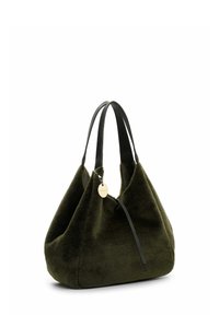 Sac vert olive en tissu doux et texturé avec des poignées en cuir noir. Présente un charme et une forme de sac unique avec une large ouverture.