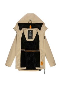 Beige jacket with a black faux fur interior and hood, featuring orange accents, a zip front, and a logo label inside.