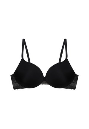 Czarny stanik z gładkimi, wyprofilowanymi miseczkami, regulowanymi ramiączkami, koronkowymi wykończeniami po bokach oraz z zapięciem na haftkę z tyłu.