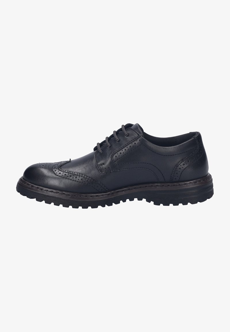 Zwarte leren veterschoen met brogue-detalering, gestructureerd bovendeel en een robuuste zool met uitgesproken profiel voor verbeterde grip.