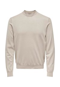Suéter de punto beige, diseño de cuello redondo, puños y dobladillo acanalados, textura de punto suave, tela ligera, estilo simple y minimalista.
