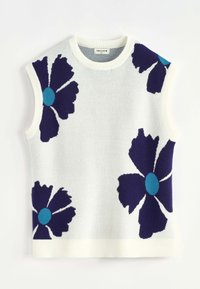 Gilet tricoté blanc sans manches avec de grands motifs floraux bleu foncé et bleu sarcelle, bordures côtelées.