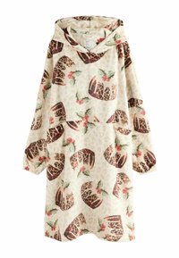 Hættetrøjekjole i fleece med cremefarvet bund, prydet med brune leopardprint og festlige julespuds-designs med kristtorn og bær. Designet med en lomme foran.