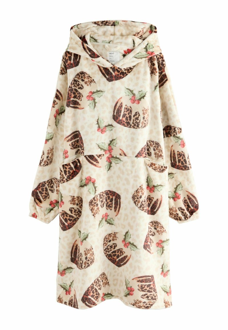 Hættetrøjekjole i fleece med cremefarvet bund, prydet med brune leopardprint og festlige julespuds-designs med kristtorn og bær. Designet med en lomme foran.