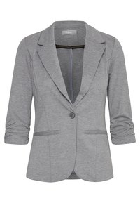 Gray knit blazer with a single button, three-quarter sleeves, and two front pockets. Features a lapel collar and subtle textured fabric.