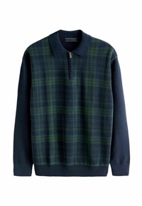 Halbzip-Pullover in Dunkelblau mit grünem Karomuster auf der Vorderseite, mit einem einfarbigen dunkelblauen Rücken und gerippten Bündchen. Baumwollmischgewebe.