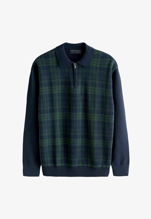 Halbzip-Pullover in Dunkelblau mit grünem Karomuster auf der Vorderseite, mit einem einfarbigen dunkelblauen Rücken und gerippten Bündchen. Baumwollmischgewebe.