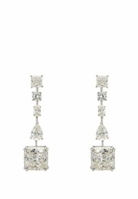 Crystal drop earrings featuring a vertical arrangement of various shapes, including squares, rounds, and teardrops, set in silver hardware.