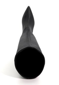 Black leather pointed-toe boot with a fitted, knee-high design. Smooth texture and a sleek silhouette, open at the top with no detailing.