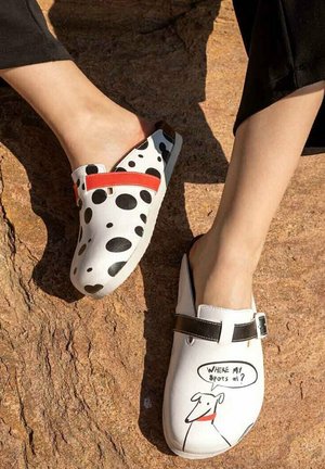 Feet wearing mismatched slip-on clogs, one with black spots and red strap, the other with a dog illustration and black strap on rocky ground.
