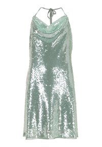 Mintgroene paillettenjurk met een kraaglijn, halterbanden en een losse pasvorm, voorzien van reflecterende pailletten die de gehele stof bedekken.